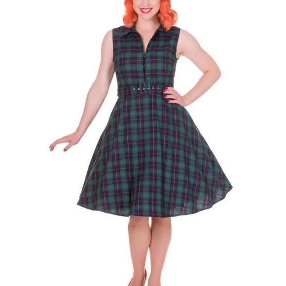 Dolly & Dotty Poppy Retro Shirt Swing Dress in Green Tartan - Picture 3 of 3